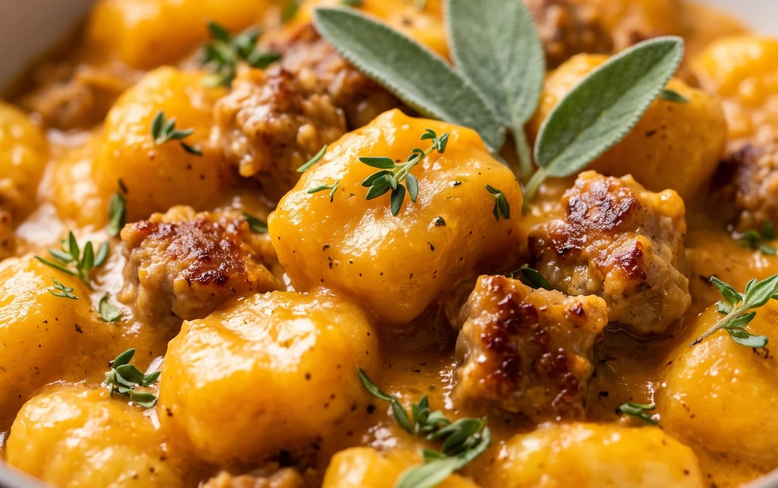 Creamy Butternut Squash Gnocchi with Sausage, Thyme, and Sage